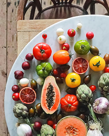 fresh vegetables, fresh fruits, assorted fruits, assorted vegetables, vibrant collection, round white surface, healthy food, colorful produce, fresh produce, organic produce, healthy eating