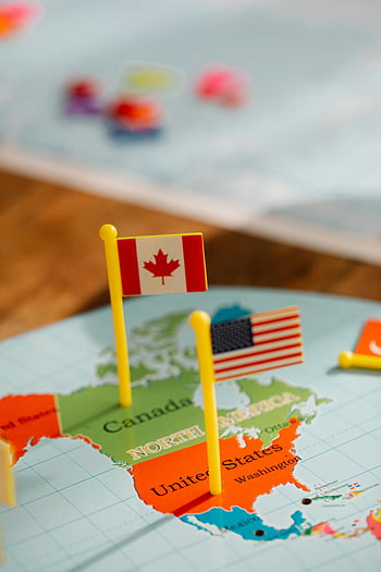vlajka kanady, Spojené státy vlajky, Miniaturní vlajky, mapa světa, Severní Amerika, cestovat, vzdělání, detail, symbolizující cestování, symbolizující vzdělání, mapa Severní Ameriky