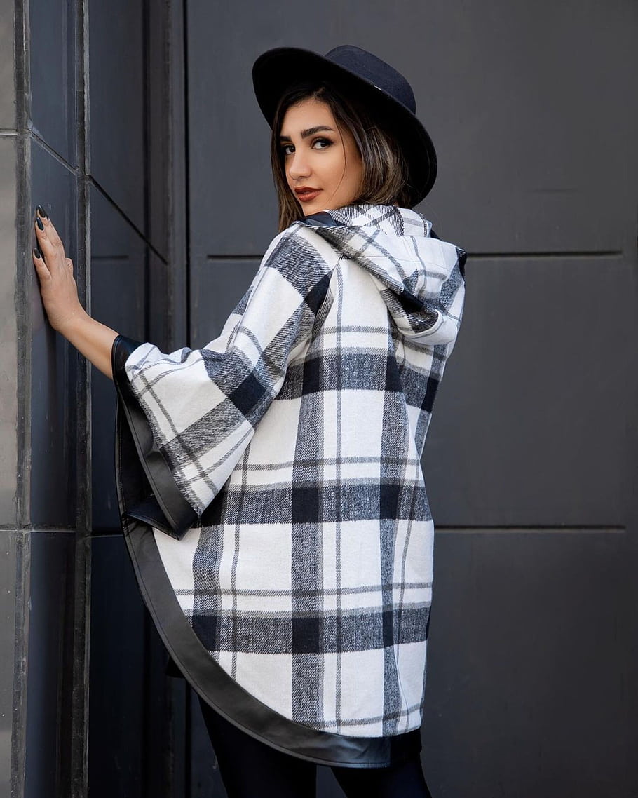Iranian model, fashion, clothing, plaid coat, black hat, accessories, Tehran, model, girlish, mode, aesthetics