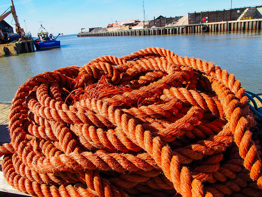orange rope, coiled rope, harbor, water, dock, boat, industrial, OLYMPUS, digital camera, maritime, scene