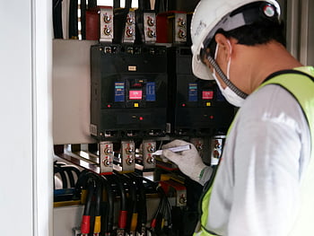 ember ellenőrző teljesítményfeszültség, technikus biztonsági felszerelés, elektromos panelek ellenőrzése, ipari környezetben, teljesítményfeszültség -ellenőrzés, elektromos technikus, biztonsági ellenőrzés, ipari elektromos panelek, feszültségmérés, elektromos biztonság, ipari technikus