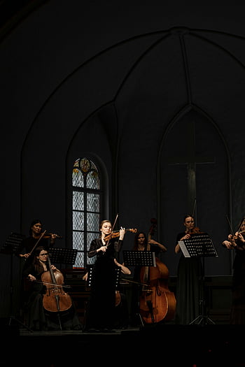 classical string ensemble, church concert, violins, cellos, chamber music, classical performance, live performance, indoor concert, religious venue, ensemble music, string instruments
