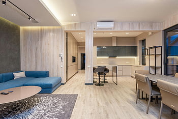 Současný byt, Osvětlený byt, Útulná pohovka, kuchyně, elegantní nábytek, dostatek osvětlení, obývací prostor, jídelna, moderní interiér, Světlý byt, moderní design