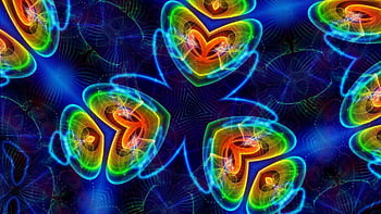 kaleidoskop umění, Unikátní design, abstraktní vzory, Barevné vizuální efekty, zářivé barvy, digitální umění, psychedelické obrazy, tvary srdce, Fraktální Design, neonová světla, umělecké kompozice
