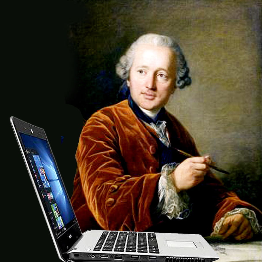 Denis Diderot, encyklopedie, Moderní notebook, laptop, historická postava, malování, vyhledávání informací, 18. století, digitální technologie, umění, znalost