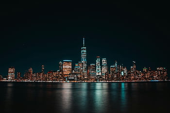jersey city, Podświetlony pejzaż miejski, nocna linia horyzontu, Nowy Jork, miejskie światła, Urban Night View, miasto nabrzeża, drapacze chmur w nocy, panorama miasta, fotografia nocna, fotografia miejska
