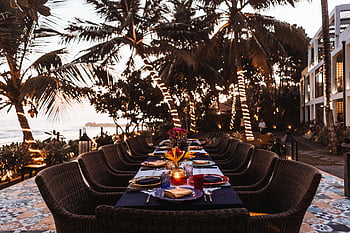 dining setup, long table, seaside, illuminated palm trees, coastal resort, evening dining, stylish setup, outdoor dining, beachside dinner, resort dining, tropical dinner