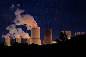 power Plant, nuclear Power Plant, cooling Towers, chimney, smoke, nature, pollution, night, stars, sky, buildings