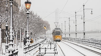 tramvaj, železnice, sníh, zimní, železniční dopravy, kolejnice, železniční trať, přeprava, město, budapešť, Maďarsko