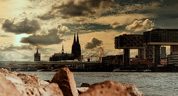 dom, budova, Jeřábové domy, Ruské kolo, jezero, Skála, Kolín nad Rýnem, město, sever rhine westphalia, soumrak, Příroda