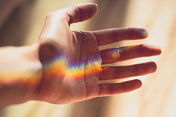 hand, rainbow light, light refraction, palm, blue light, orange light, left hand, person, beautiful light, natural light, skin texture
