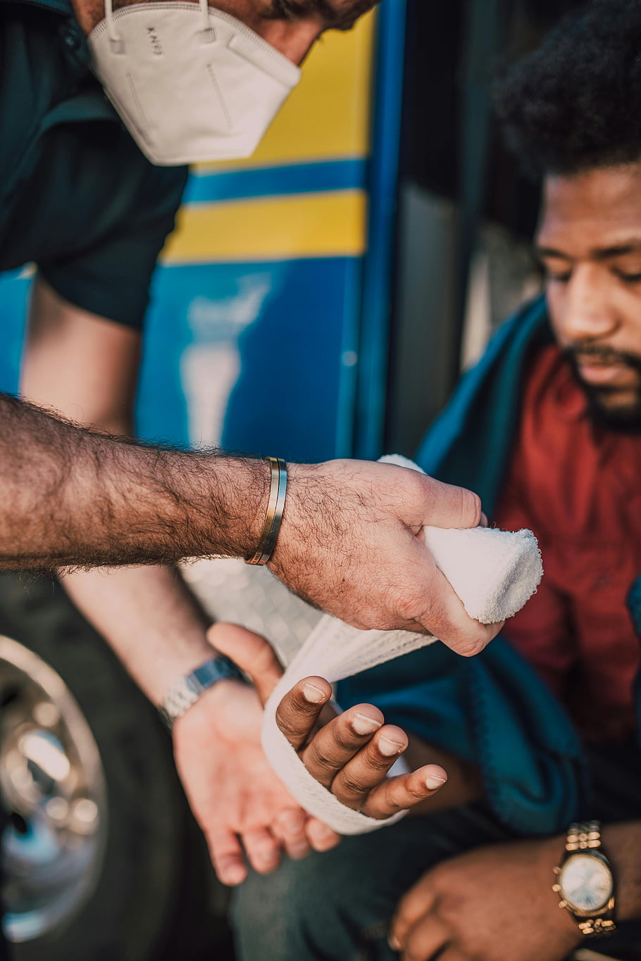 edic, bandage, man's hand, first aid, healthcare worker, injured hand, medical assistance, emergency response, bandaging, accident, rescue