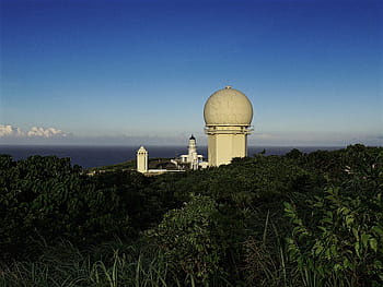 Sandiaojiao Lighthouse, Route No.2, radar dome, coastal structure, lighthouse, ocean view, clear sky, greenery, observation tower, architectural feature, maritime navigation