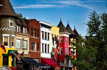 Adams Morgan, Washington DC, vibrant buildings, murals, flags, row houses, colorful architecture, urban scene, cityscape, cultural district, street art