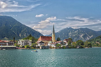 mountains, village, lake, town, buildings, villas, boating, tourism, vacation, nature, landscape