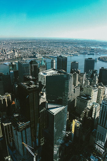luftfoto, bybygninger, New York City, Ikonisk skyline, skyskrabere, floder, bylandskab, bybilledet, højhuse, luftfotografering, hovedstadsområde