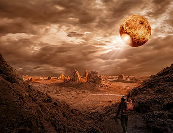 planet, astronaut, spaceship, rocks, barren, red Clouds, space Travel, science Fiction, universe, hd Wallpaper, phone Wallpaper