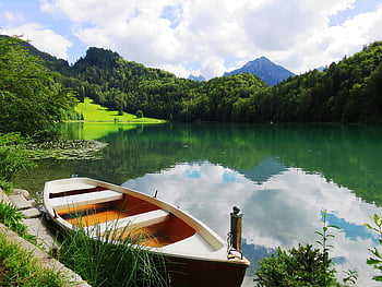 barca sul molo, sfondo di montagna, Pacifico lago di montagna, barca a remi, vegetazione lussureggiante, Riflessioni chiare, paesaggio sereno, scenario naturale, acque calme, bellezza all'aperto, vista panoramica