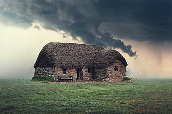 Blackhouse, chata, Příroda, bouřka, tradiční dům, kamenný dům, krajina, pole, déšť, mraky, temné mraky