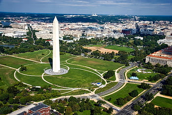 Washington Monument, aerial view, cityscape, green landscapes, white concrete building, birds eye photography, Washington DC, urban landscape, national monument, historic site, aerial photography