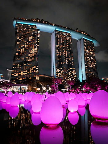 Baia Marina, Singapore, vista notturna, illuminato, sabbie della baia del porticciolo, Installazione di acqua illuminata rosa, sbalorditivo, paesaggio urbano, urbano, punto di riferimento, viaggio