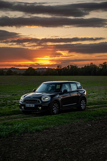 mini Cooper, auto parcheggiata, campo, tramonto, campagna, atmosfera serena, macchina nera, scena all'aperto, impostazione rurale, Luce della sera, paesaggio naturale
