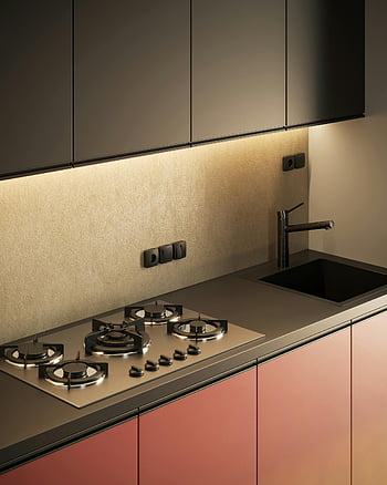 modernt kök, snäll bänkskiva, gasspis, rostfritt stål kran, kök interiör, modern kran, diskbänk, köksdesign, köksutrustning, kök dekor, köksinredning