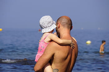 child, parent, father, baby In Hands, parenthood, love, care, by The Sea, the Coast, summer, sea