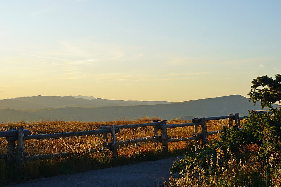 mountains, meadow, fence, sunrise, outdoors, nature, scenic, travel, hiking, road, wild