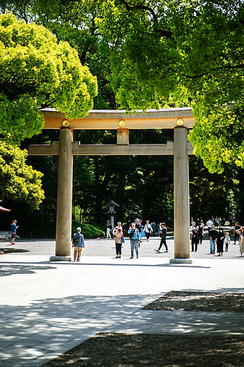 meiji jingu, Nino Torii, Tokio, Japonsko, turistů, návštěvníků, ikonická brána Torii, svěží stromy, meiji svatyně, cestovat, prohlížení památek