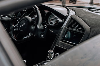 Audi R8, car interior, black interior, carbon fiber, steering wheel, dashboard, sleek design, close-up, luxury car, sports car, detailing