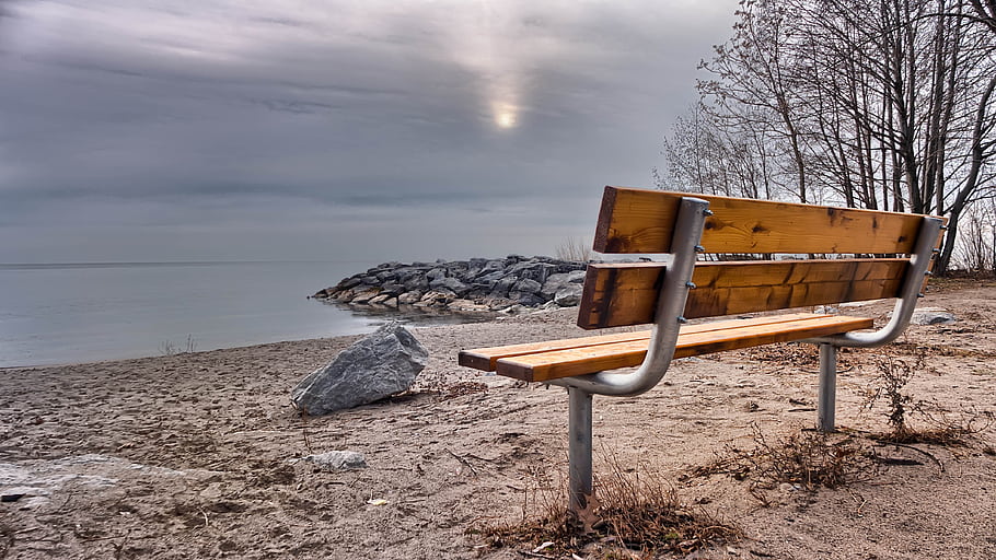 Jack Darling Park, Mississauga, Lake Ontario, December morning, bench, shoreline, landscape, Canada, cold weather, trees, rocks