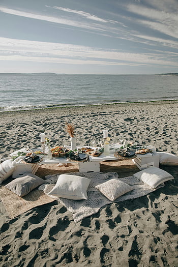 pique-nique à la plage, configuration de la table, aliments, oreillers, décor, plage serein, lumière du jour, repas en plein air, pique-nique côtier, table de plage, pique-niquer par la mer