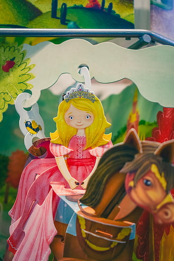 paper princess, cartoon character, whimsical paper cutout, fantasy landscape, princess on horse, paper art, children's illustration, fairy tale, princess crown, pink dress, horseback riding