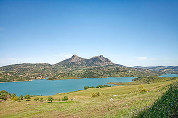 spanien, andalusien, cadiz provins, behållare, reservoar, zahara de la sierra, elgasto, vatten, landskap, bergen, kulle
