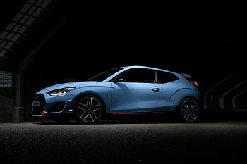 Hyundai Veloster, blue Hyundai Veloster, Veloster N, sports car, dimly lit garage, dynamic side view, dark room, parked car, Hyundai car, garage setting, blue car