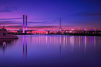 bridge, river, illuminated, night Sky, boat, river Boat, structures, infrastructures, city, calm Waters, reflection