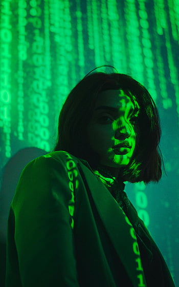 cyberpunk aesthetic, binary code projection, green projection, brunette woman, cascading binary code, cyberpunk style, digital projection, futuristic look, green light, cyberpunk theme, digital art