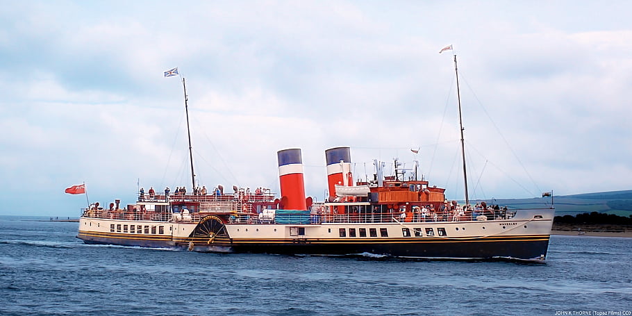 PS Waverley, Poole, paddle steamer, sea, Scotland flag, passengers, vintage ship, maritime, coast, travel, tourism