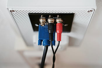 Red and Black Jack Cable, audio cables, video input, wall socket, detailed view, audio and video, input cables, red cable, black cable, VGA cable, wall connection