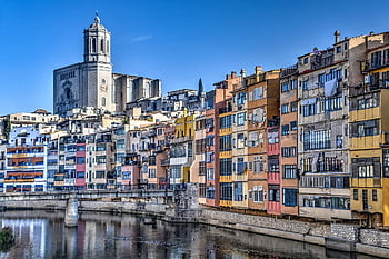 girona, město, řeka, budov, domy, katedrála, barevné budovy, městský, Katalánsko, Španělsko