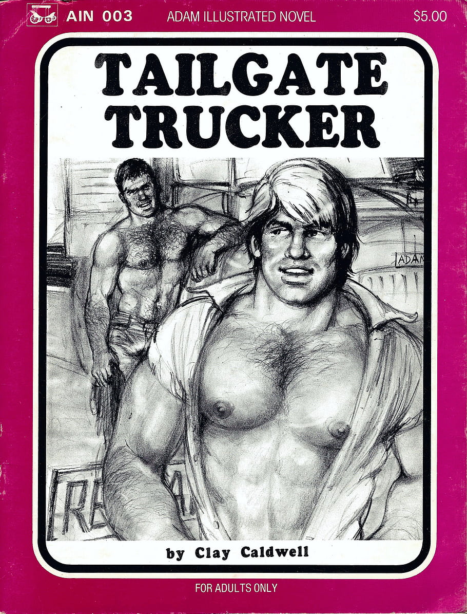 solo adulti, romanzo illustrato, Clay Caldwell, Tailgate Trucker, Uomini senza camicia, corpi muscolari, disegno in bianco e nero, Tema dei camionisti, contenuto per adulti, copertina del libro, sfondo rosa