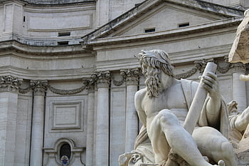 Zeus statue, Bernini's Fountain, Four Rivers, Piazza Navona, Rome Italy, classical Roman sculpture, architecture, detailed view, ancient art, marble statue, historical monument