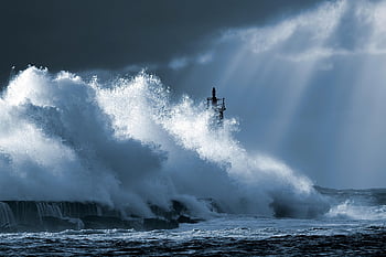 storm, ocean, waves, storm Clouds, sea, lighthouse, hurricane, shore, pier, nature, weather
