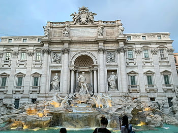 fontána di Trevi, Řím, Itálie, barokní architektura, kamenná budova, sochy, soumrak, kultovní mezník, Velká architektura, fontána, majestátní pohled