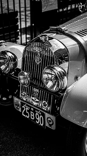 fotografie ve stupních šedi, klasické auto, Černý a bílý, mříž, světlomety, poznávací značka, vinobraní automobil, Podrobný obrázek, klasické vozidlo, automobilové fotografie, retro auto