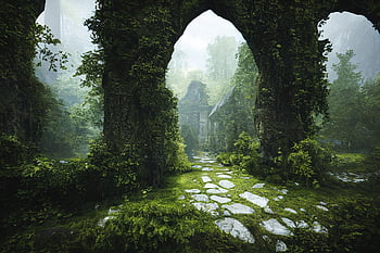 castle, ruins, path, overgrown, ivy, ai Generated