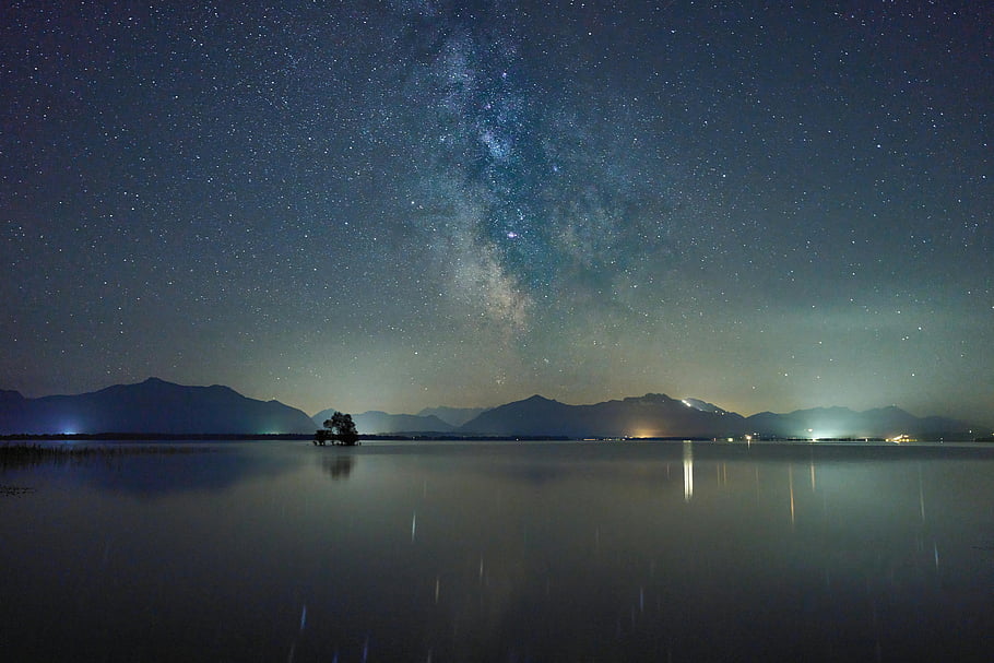 Milky Way, Chiemsee Lake, starlit sky, mountains, night photography, star reflection, night landscape, celestial view, natural beauty, tranquil scene, starry night