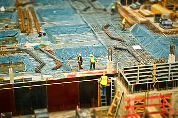 construction workers, high-angle view, building site, yellow safety vest, climbing ladder, construction work, safety gear, construction site, workers on site, building construction, construction activities