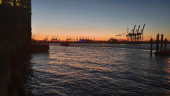 západ slunce, voda, moře, Hamburg, přístav, přístav hamburg, loď, soumrak, Příroda, dosvit, lodní průmysl